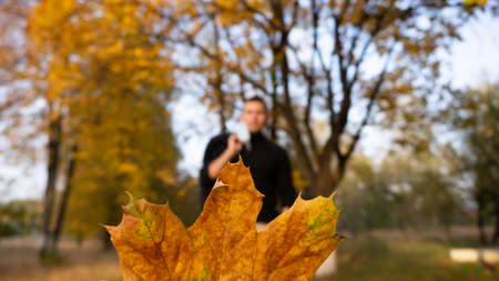yellow leaf in the foreground, a man in an autumn Park in a blur on the background,の写真素材