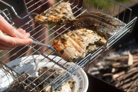 grilled fish. fried flounder on a plateの写真素材