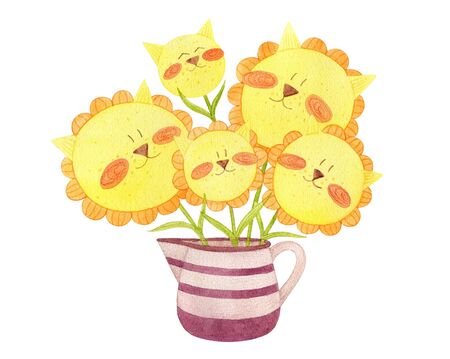 A watercolor illustration of yellow flowers with cute faces of kittens in a striped milkman on a white background. Concept for print on a T-shirt or postcardの写真素材