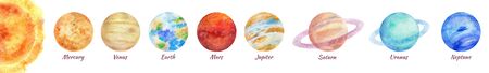 A bright colorful watercolor illustration of a solar system on a white background. A set of 8 planets: Mercury, Venus, Earth, Mars, Jupiter, Saturn, Uranus, Neptune. Isolated space objects.の写真素材