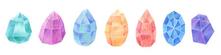 Ð watercolor illustration a set of seven multicolored lovely crystals on white backgroundの写真素材