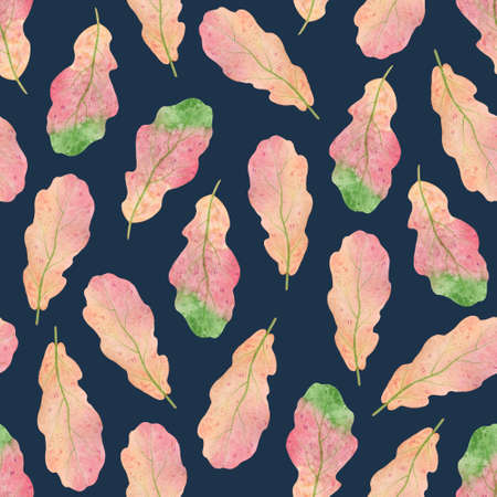 Seamless pattern for home textiles. Cute pink oak leaves on a blue background. Watercolor elements, handmade technique. Autumn pattern.の写真素材