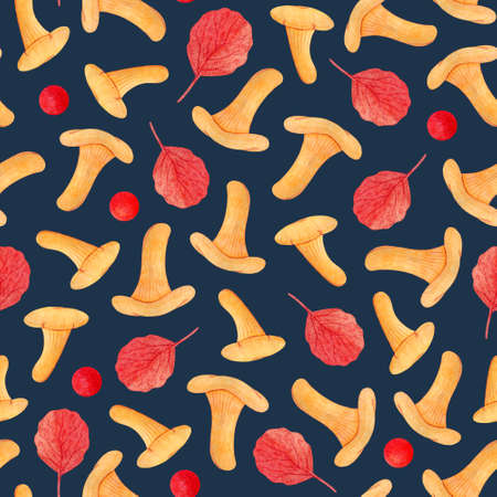 A seamless pattern for home textiles and packaging orange chanterelles and red leaves and berries on a blue background. Watercolor elements, autumn pattern. Handmade technique.の写真素材