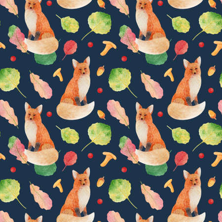 A seamless pattern for baby bedding and baby clothes. Cute red foxes in the forest on a blue background. Watercolor elements, handmade technique, autumn pattern.の写真素材
