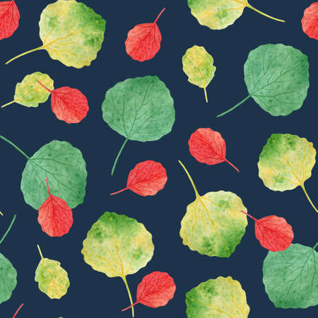 A seamless pattern for home textiles. Cute green and red leaves on a blue background. Watercolor elements, handmade technique, autumn pattern.の写真素材