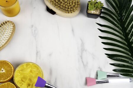 marble background in the bathroom with creams and home Spa skin care for advertising beauty treatmentsの写真素材