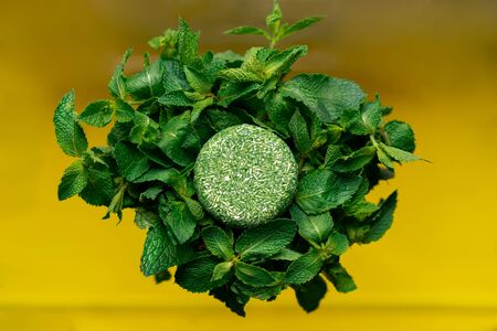 solid shampoo with the smell of mint on a bright background yellowの写真素材
