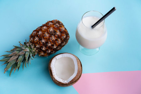 cocktail Pina colada on a bright background for a leaflet top view