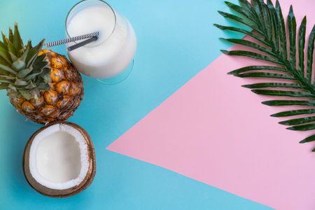 cocktail Pina colada on a bright background for a leaflet top view