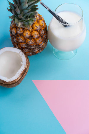 cocktail Pina colada on a bright background for a leaflet top view