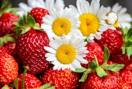 Ripe strawberries and chamomile flowers close-up. summer moodの写真素材