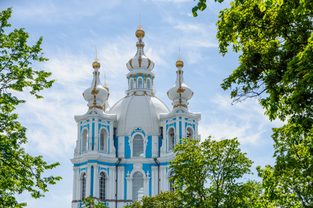 The domes of the Smolny Cathedral of the Resurrection of Christ in St. Petersburg. Russiaの写真素材