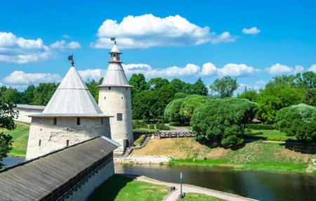 View of the towers of the Pskov Kremlin, Pskov, Russiaの写真素材