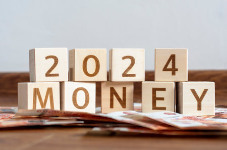 Wooden cubes with the inscription: "Money 2024" and money. The concept of investment financing planning for the new year 2024.の写真素材