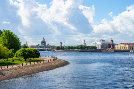 View of the Spit of Vasilyevsky Island and the sights of St. Petersburg, Russiaの写真素材