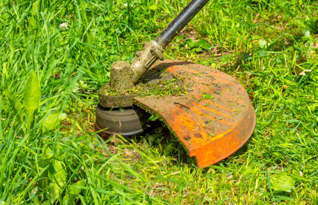 The head of a rotating trimmer (grass cutter) and grass flying around. The concept of seasonal workの写真素材