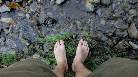 Top view, feet on green grass for background.with copy space. male legs on the green grass. a man...