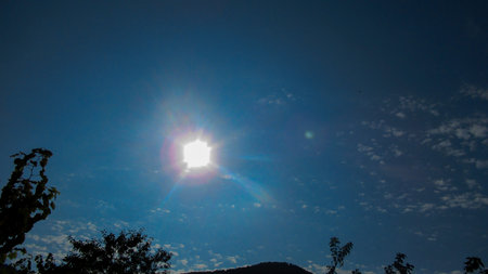 A sky panorama with the sun, blue sky and clouds