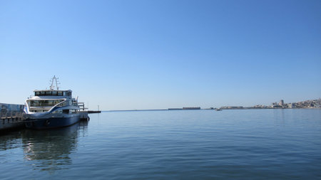 Baku, Azerbaijan, July 5 2020 : Ship on the coast of a Caspian sea