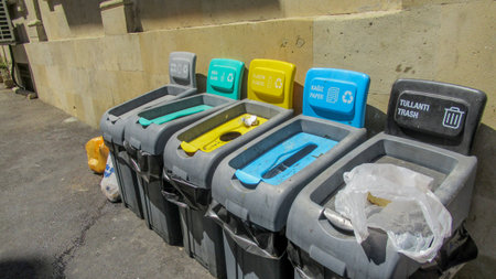 Baku, Azerbaijan, July 5 2020 : Colorful Garbage Cans For Different Kind Of Garbage
