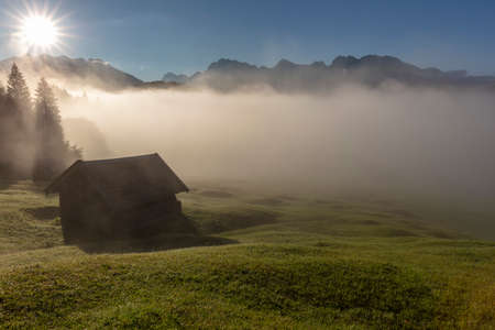 Lake Geroldsee sunrise and mistの写真素材