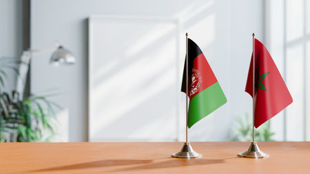 FLAGS OF AFGHANISTAN AND MOROCCO ON TABLEの写真素材