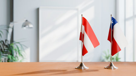 FLAGS OF  AUSTRIA AND CHILE  ON TABLEの写真素材
