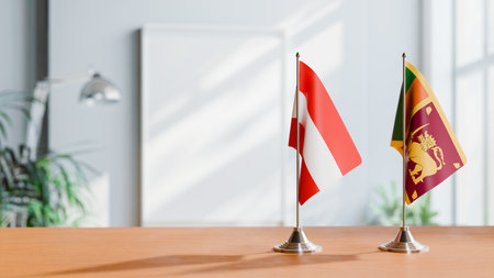 FLAGS OF  AUSTRIA AND SRI LANKA  ON TABLEの写真素材