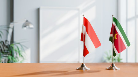 FLAGS OF  AUSTRIA AND SURINAME  ON TABLEの写真素材