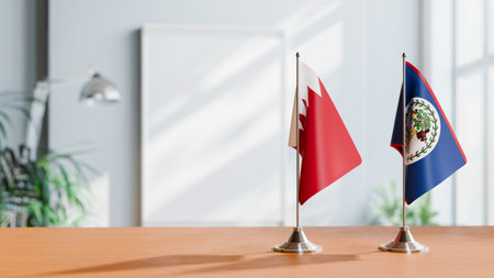 FLAGS OF  BAHRAIN AND BELIZE  ON TABLEの写真素材