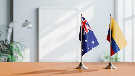 FLAGS OF  AUSTRALIA AND COLOMBIA  ON TABLEの写真素材
