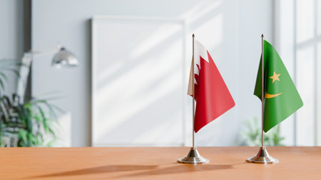 FLAGS OF  BAHRAIN AND MAURITANIA  ON TABLEの写真素材