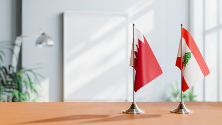 FLAGS OF  BAHRAIN AND LEBANON  ON TABLEの写真素材