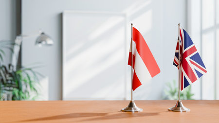 FLAGS OF  AUSTRIA AND UNITED KINGDOM  ON TABLEの写真素材
