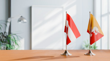 FLAGS OF  AUSTRIA AND BHUTAN  ON TABLEの写真素材