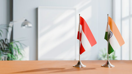 FLAGS OF  AUSTRIA AND INDIA  ON TABLEの写真素材