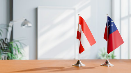 FLAGS OF  AUSTRIA AND SAMOA  ON TABLEの写真素材