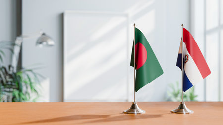 FLAGS OF  BANGLADESH AND PARAGUAY  ON TABLEの写真素材