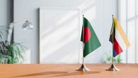 FLAGS OF  BANGLADESH AND COMOROS  ON TABLEの写真素材
