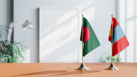 FLAGS OF  BANGLADESH AND MONGOLIA  ON TABLEの写真素材