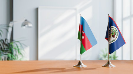 FLAGS OF  AZERBAIJAN AND BELIZE  ON TABLEの写真素材