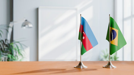 FLAGS OF  AZERBAIJAN AND BRAZIL  ON TABLEの写真素材