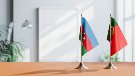 FLAGS OF  AZERBAIJAN AND PORTUGAL  ON TABLEの写真素材