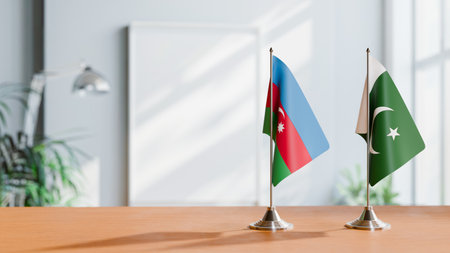 FLAGS OF  AZERBAIJAN AND PAKISTAN  ON TABLEの写真素材