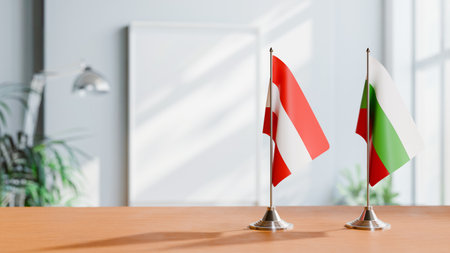 FLAGS OF  AUSTRIA AND BULGARIA  ON TABLEの写真素材