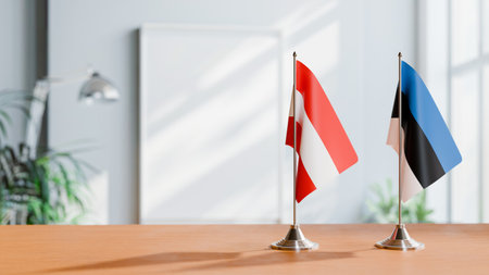 FLAGS OF  AUSTRIA AND ESTONIA  ON TABLEの写真素材