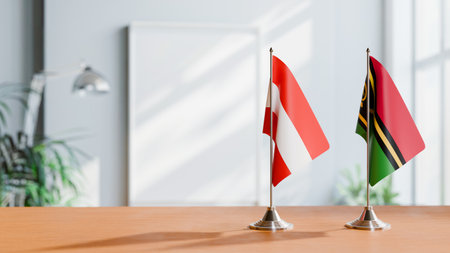 FLAGS OF  AUSTRIA AND VANUATU  ON TABLEの写真素材