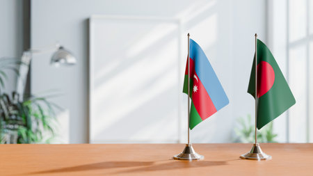 FLAGS OF  AZERBAIJAN AND BANGLADESH  ON TABLEの写真素材