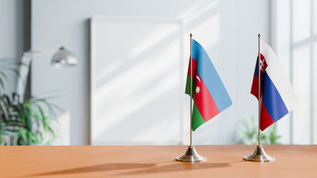 FLAGS OF  AZERBAIJAN AND SLOVAKIA  ON TABLEの写真素材