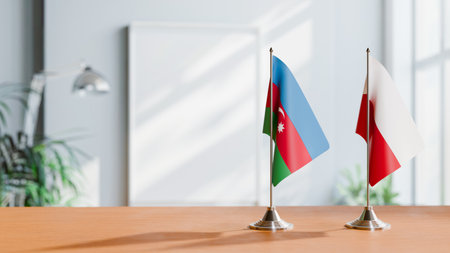 FLAGS OF  AZERBAIJAN AND POLAND  ON TABLEの写真素材